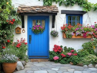 Fototapeta premium charming cottage entrance vibrant blue door lush flower boxes quaint cobblestone path inviting warm light