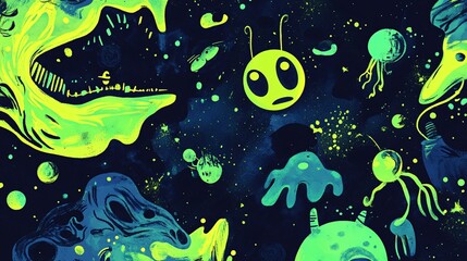 Abstract Neon Green and Blue Space Background with Alien and Stars