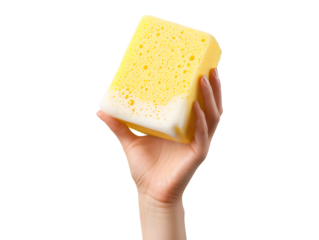 Large yellow sponge held in hand isolated on transparent or white background