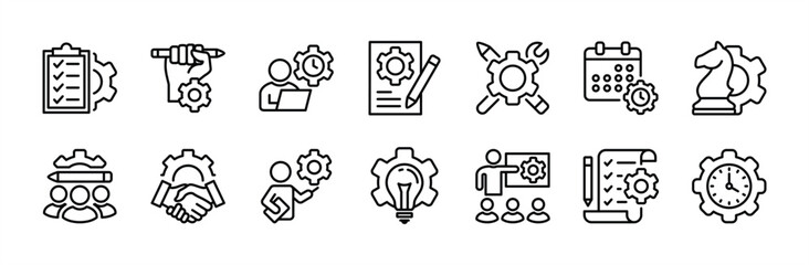 Business project thin line icon set. Containing checklist, planning, teamwork, strategy idea, manager, training, employee, schedule, time, development, innovation, solution, leadership, meeting vector