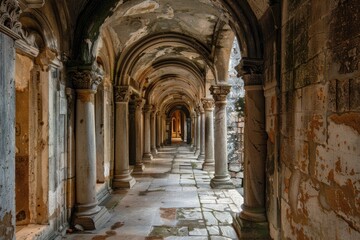 Fototapeta premium Historic Medieval Stone Archway Corridor with Weathered Columns