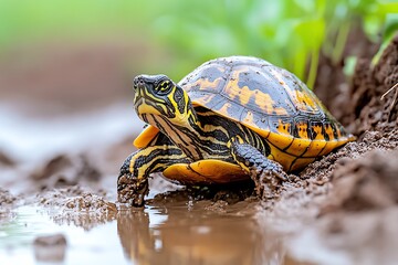Obraz premium Turtle crawling through a muddy riverbank, its shell covered in dirt as it searches for food or a place to rest