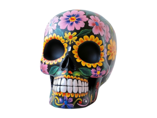 Black sugar skull with floral decorations isolated on transparent or white background