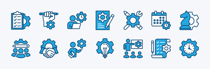 Set of business project icon vector. Containing checklist, planning, teamwork, strategy idea, manager, training, employee, schedule, time, development, innovation, solution, leadership, meeting