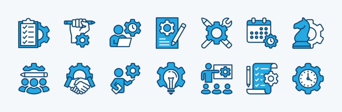 Set of business project icon vector. Containing checklist, planning, teamwork, strategy idea, manager, training, employee, schedule, time, development, innovation, solution, leadership, meeting