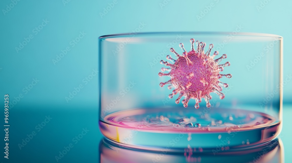 Poster close-up of a 3d model of the monkeypox virus in a petri dish. represents viral mutation and infecti