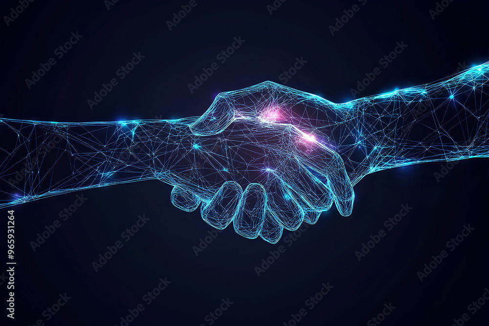 Poster a digital representation of a handshake symbolizing collaboration and connection.