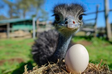 An attentive ostrich with its freshly laid white egg in a sunny green pasture