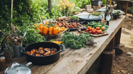 A farm-to-table meal setup with freshly roasted organic vegetables and herbs, served on a wooden table with natural elements