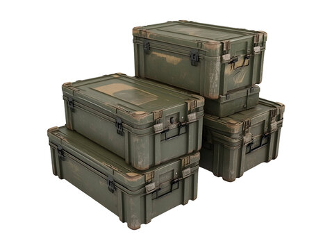 Collection set of military storage crates isolated on transparent or white background