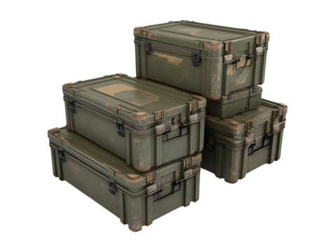 Collection set of military storage crates isolated on transparent or white background
