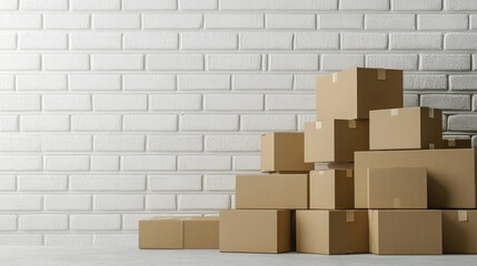 cardboard boxes and copy space over white brick wall By Di Studio