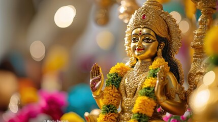 Goddess Laxmi portrait LAKSHMI Beautiful Hindu goddess with golden lotus and colorful flower garlands, holy face with happy smile, wearing yellow dress with red border on chest, full body with detaile