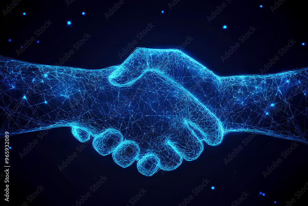 Poster a digital handshake symbolizing partnership and collaboration in a technological context.
