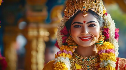 Goddess Laxmi portrait LAKSHMI Beautiful Hindu goddess with golden lotus and colorful flower garlands, holy face with happy smile, wearing yellow dress with red border on chest, full body with detaile