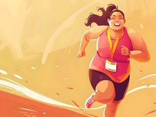 Overweight Woman Proudly Participating in Community Charity Run with Medal