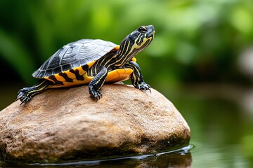 Obraz premium Turtle taking a nap in the sun, its legs stretched out on a warm rock, completely relaxed in the heat