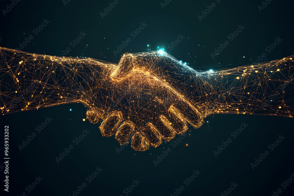 Poster a digital handshake symbolizing partnership and collaboration in a technological context.
