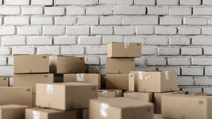 Fototapeta premium cardboard boxes and copy space over white brick wall By Di Studio