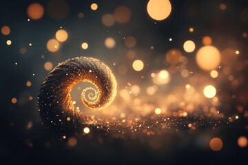 Fibonacci - A glowing spiral structure resembling a seashell, surrounded by soft, magical bokeh lights in a mysterious setting.
