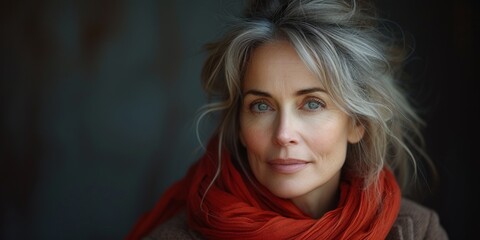 Fototapeta premium A woman with beautiful gray hair and a warm smile looks confidently at the camera. She wears a cozy red scarf that adds charm to her appearance. This portrait captures natural beauty and elegance. AI