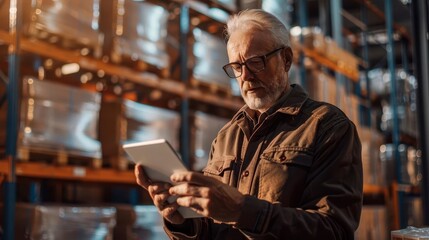 middleaged warehouse manager using tablet for inventory industrial setting with stacked goods warm natural lighting focus on digital integration in traditional business operations