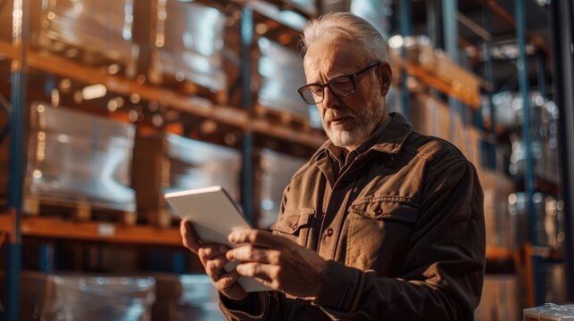 middleaged warehouse manager using tablet for inventory industrial setting with stacked goods warm natural lighting focus on digital integration in traditional business operations