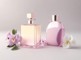 Perfume bottle in a pink rectangle glass with light pink cap