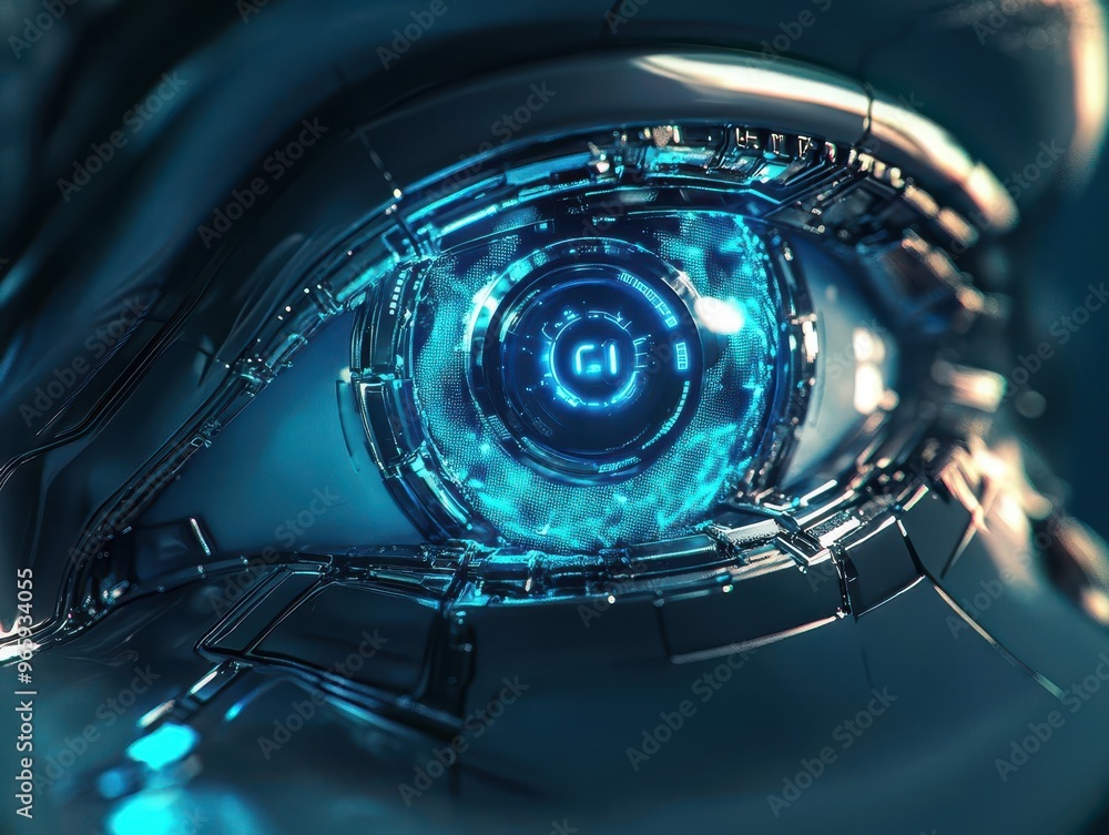 Poster closeup of futuristic robotic eye intricate mechanical iris glowing blue digital elements hyperreali