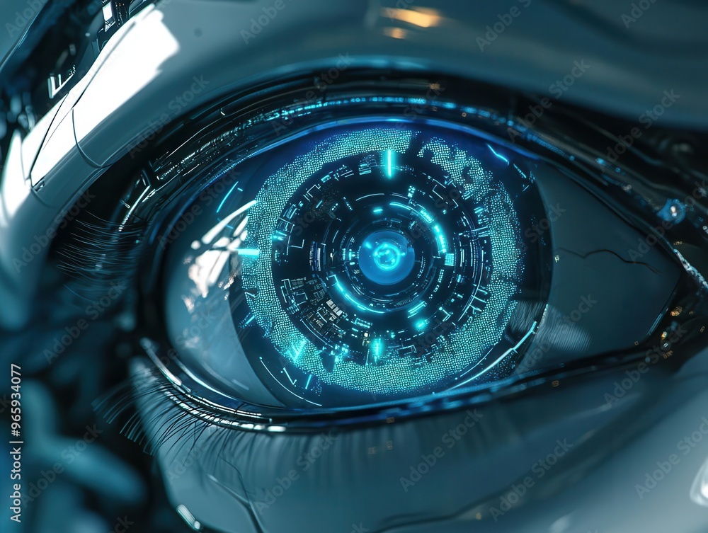 Aufkleber closeup of futuristic robotic eye intricate mechanical iris glowing blue digital elements hyperreali