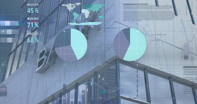 Animation of financial data processing over bank building