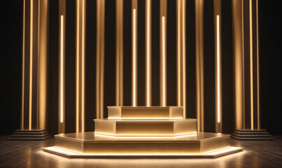 A three-tiered platform sits in front of tall, glowing columns, creating a minimalist and modern setting