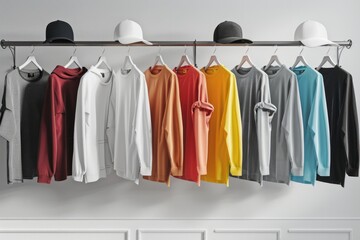 Colorful Hoodies and Caps Hanging on a Rack in a Fashionable Store Display