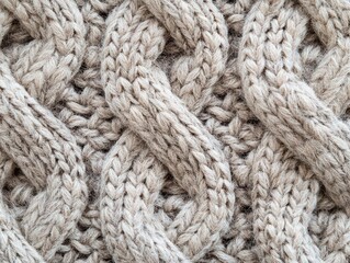 closeup of intricately knitted wool texture showcasing complex patterns and stitches soft muted beige and gray tones create cozy warm atmosphere tactile and inviting