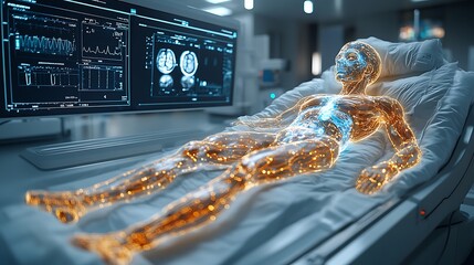 image of a diagnostic device scanning a patient's body, displaying real-time medical imaging with 3D renderings of internal organs, and AI-powered insights 