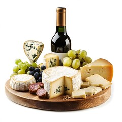Wine  Cheese  Grapes and Salami on Wooden Board