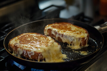Preparing the Perfect Monte Cristo on Pan with Melted Cheese.