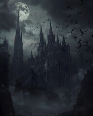 Obraz premium Dark Gothic Castle Under Full Moon with Bats