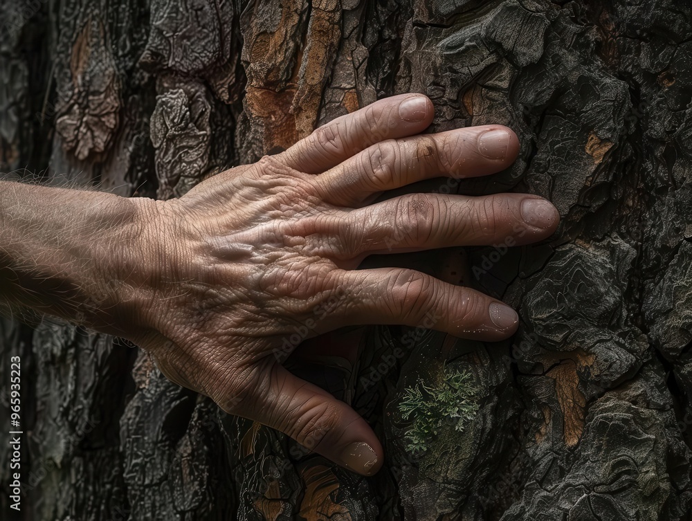 Wall mural closeup of weathered tree bark with human hand gently touching its surface symbolizing connection to