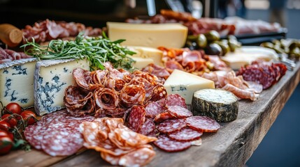 A gourmet street food platter with artisanal cheese and charcuterie, displayed on a rustic wooden board with a food truck ambiance