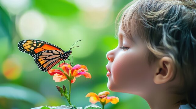 A child admiring a colorful butterfly perched on a flower, with a look of fascination and delight