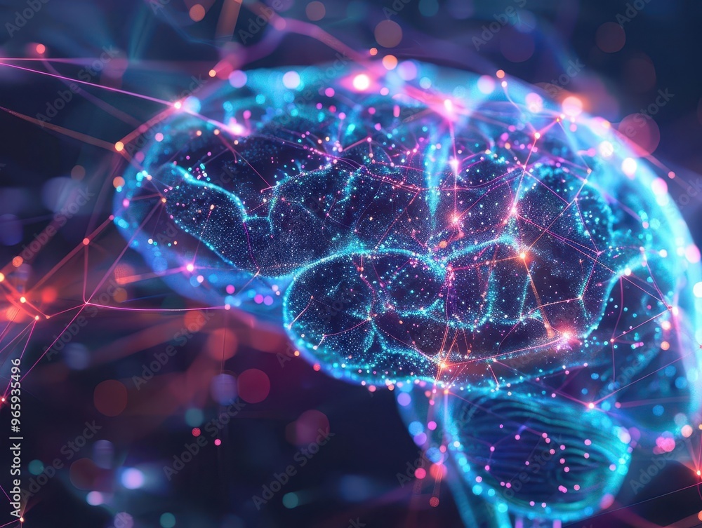 Poster 3d render of glowing human brain with interconnected neurons vibrant colors highlight neural pathway