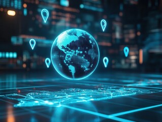 3d holographic globe with pulsating location markers hovering over a translucent topographic map neon blue grid lines and glowing pin icons in a dark hightech environment