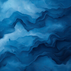 The image is a blue and white abstract painting of ocean waves