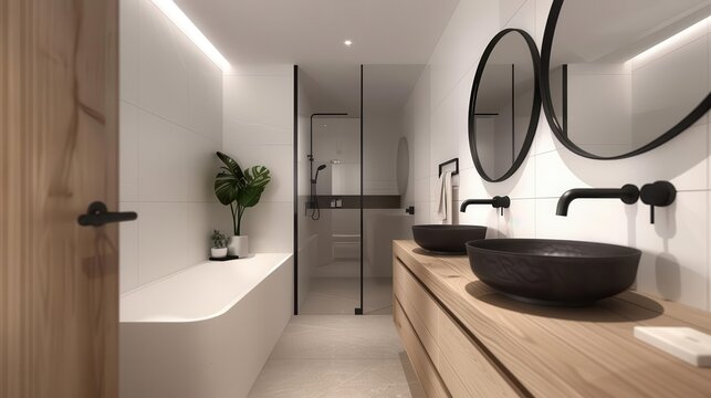 modern ensuite bathroom with sleek timber vanity black fixtures pillshaped mirrors and minimalist design create a sophisticated spalike retreat