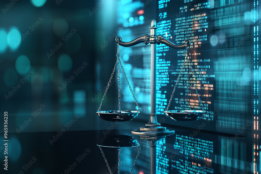 Poster a digital representation of justice with a scale against a tech-inspired background.
