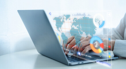 Businessman works on laptop Showing business analytics dashboard by ai with charts, metrics, and KPI to analyze performance and create insight reports for operations management. Data analysis concept.