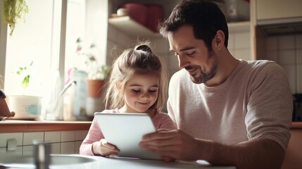 Fototapeta premium Father and daughter enjoying quality time together while playing on a tablet in a cozy kitchen during the afternoon