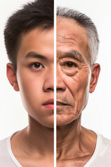 Split face of young and old Chinese men symbolizing aging concept
