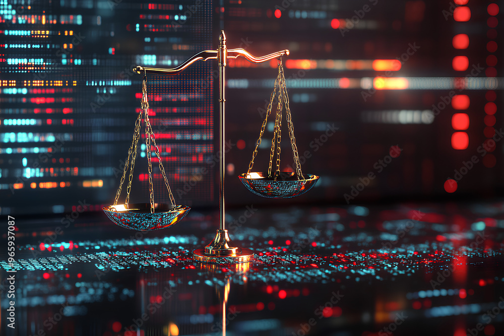 Poster a digital representation of justice symbolized by a balanced scale against a tech background.